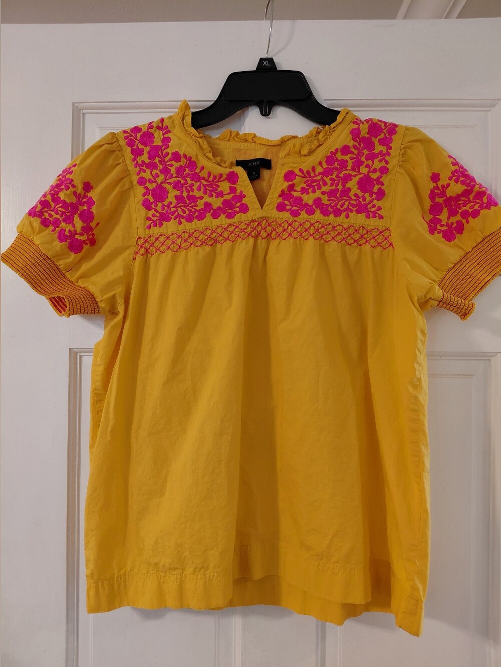 J. Crew Yellow Blouse with Fuchsia Floral Embroidery